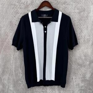 Magaschoni Polo Shirt Mens Large Black Vertical Stripe Knit Short Sleeve Retro